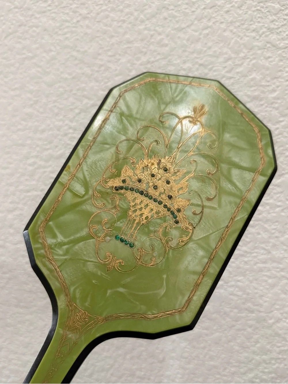 Vintage Art Deco Pearlized Lime Green Celluloid or Lucite Hand Held Mirror